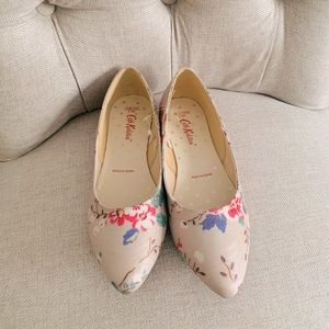 Cath Kidston Floral Tan Cream Ivory White Pink Blue Green Flowers Flats Almond